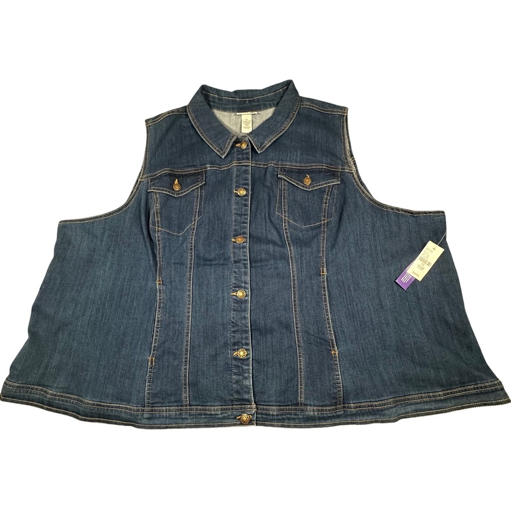 NWT Catherines Womens 5X Denim Vest Dark Wash Button Front‎ Stretch Cotton